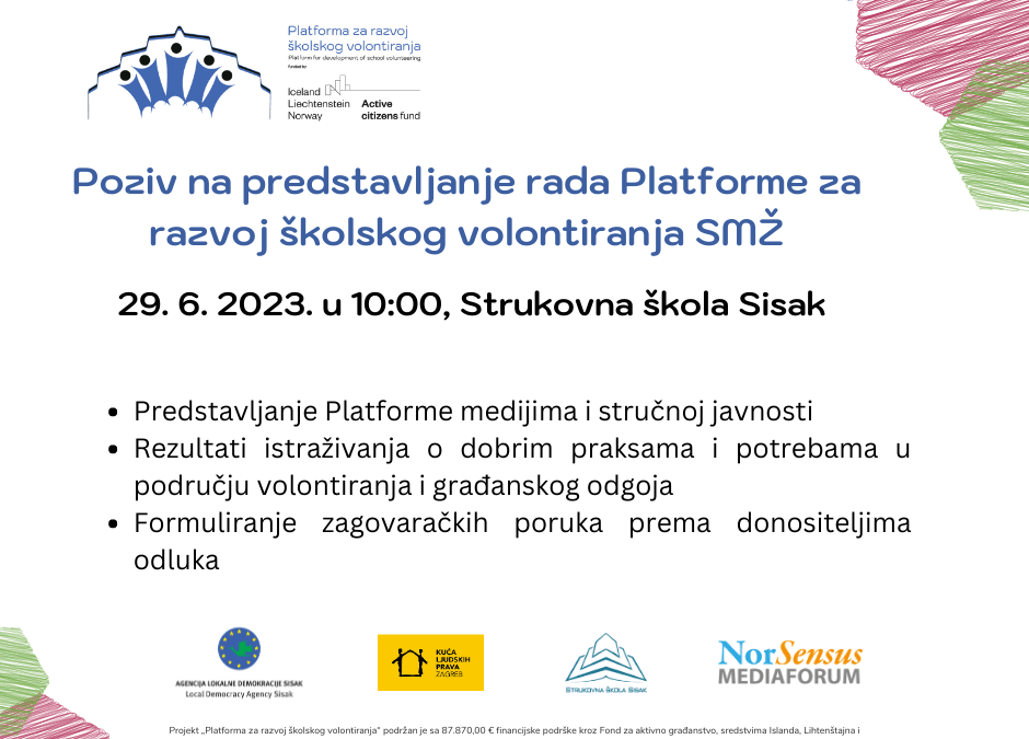 Poziv na predstavljanje rada Platforme za razvoj školskog volontiranja Sisačko-moslavačke županije